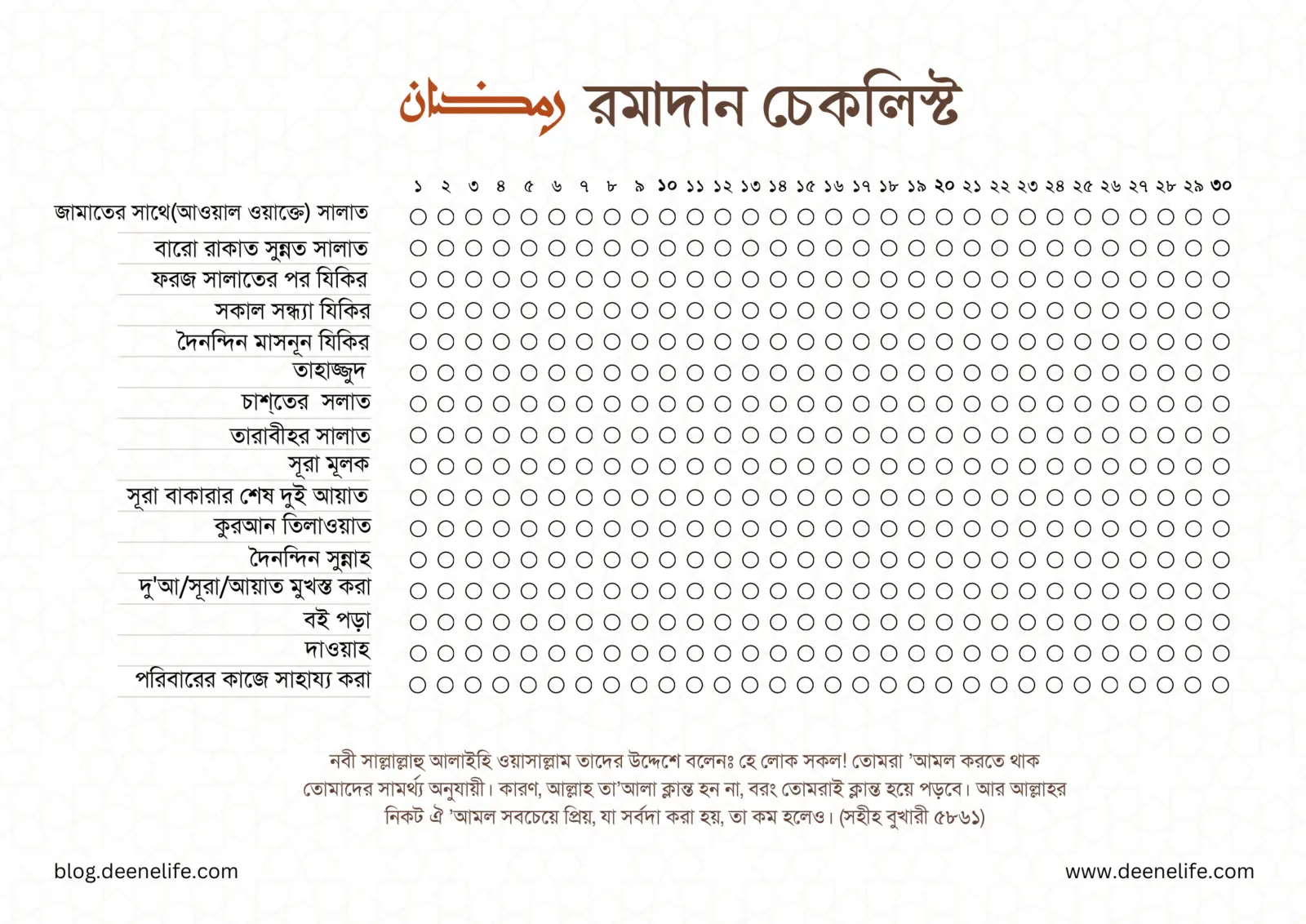 রমাদান চেকলিস্ট PDF (Ramadan Checklist) - ১